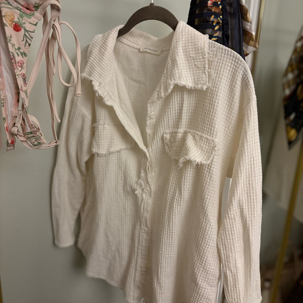White Cream Linen Waffle Textured Button-Up Slouchy Shirt